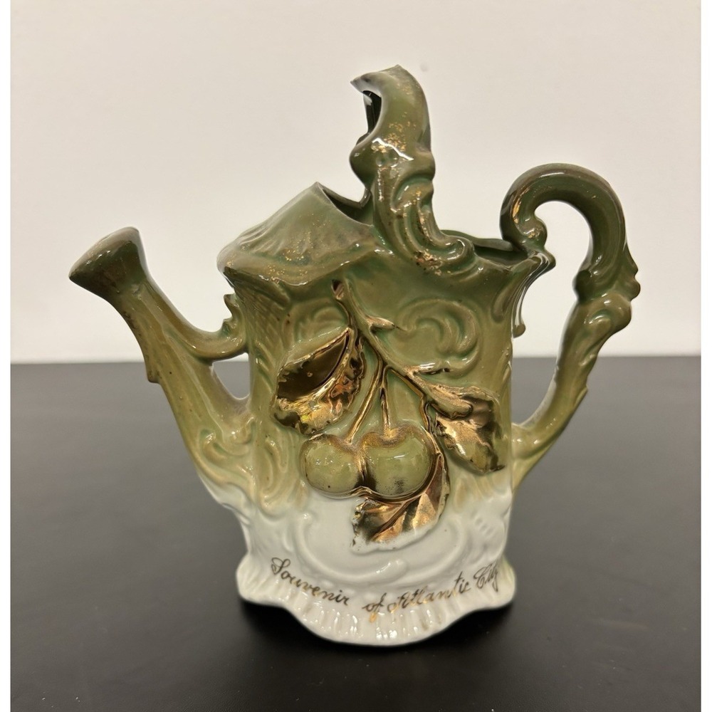 Green White‎ Gold Floral Ceramic Teapot, Glossy Decorative Flower Theme